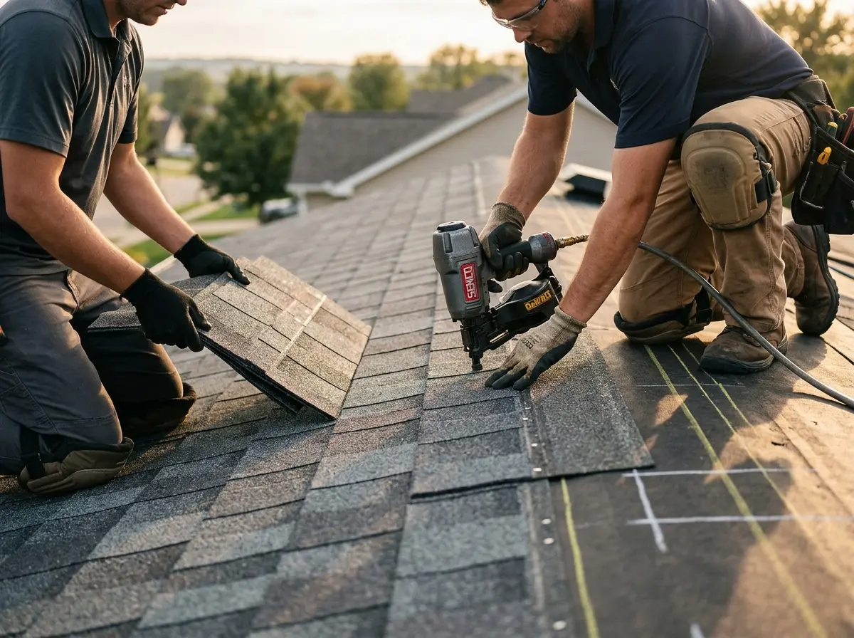 Professional roofer working on a residential roof in Blendon